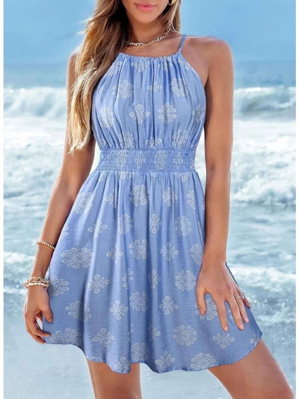 Women's Summer Beach Halter Neck Dresses Sky Blue A Line Mini Dress with Pockets - Picture 4 of 6